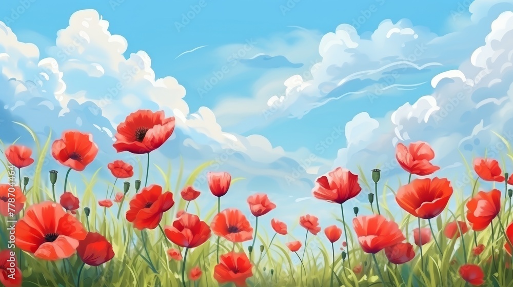 Painting with a field of blooming red poppies on the background of blue sky. 