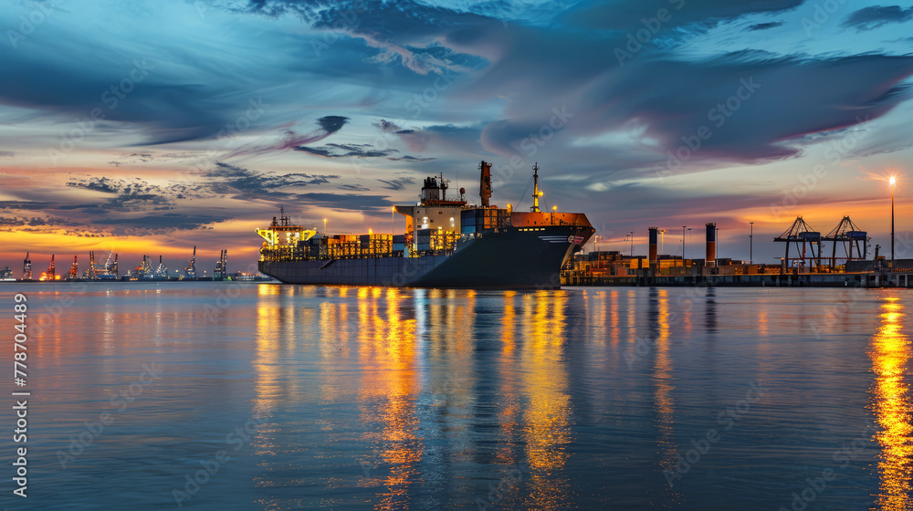 Cargo ship docked in twilight at a busy terminal with vibrant reflections