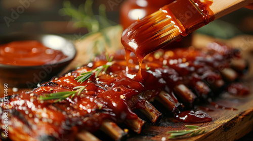 Close-up of glistening barbecue ribs being basted with sauce and rosemary