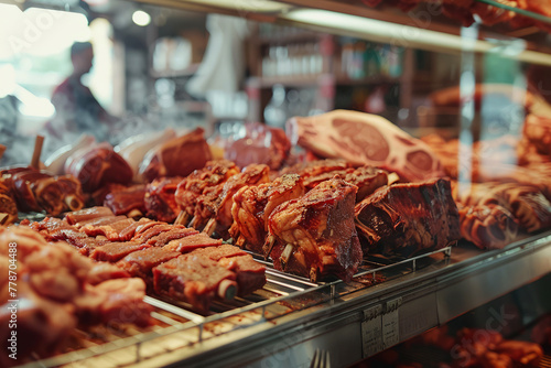 Close-up of barbecue meat selection at a butcher shop with focus on the quality cuts
