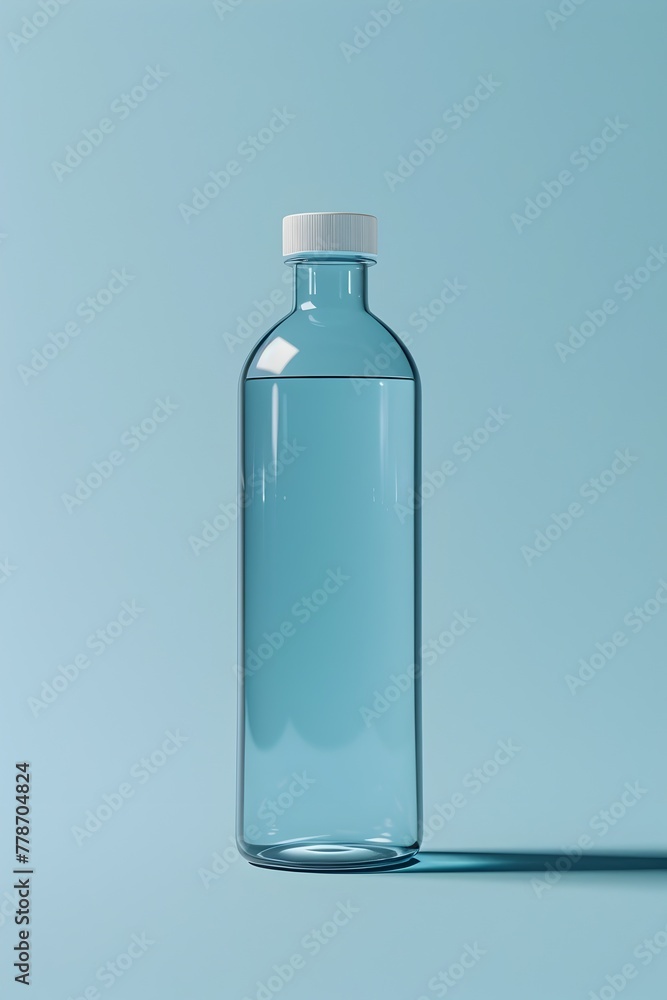 Transparent Bottle on Minimalist Blue Background D Rendered Glass Container Product Shot Transparent Bottle on Minimalist Blue Background D Rendered Glass Container Product Shot