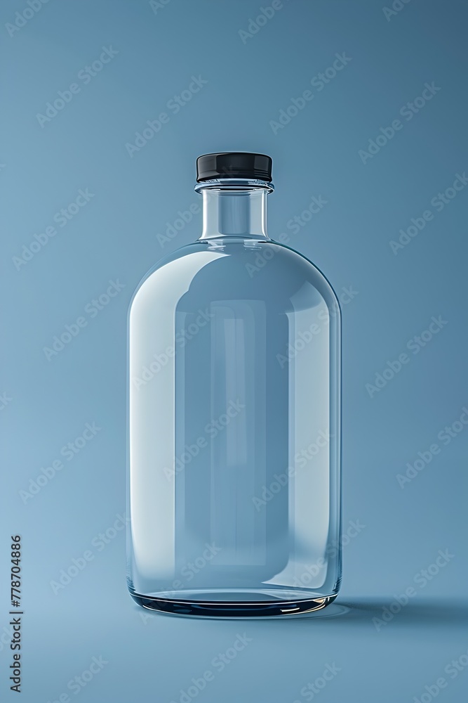 Elegant Transparent Glass Bottle on Serene Blue Backdrop Elegant Transparent Glass Bottle on Serene Blue Backdrop