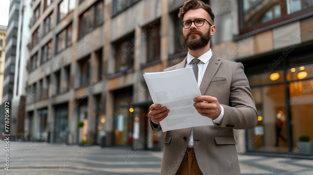 businessman standing in front of an office building with hands holding business paper.