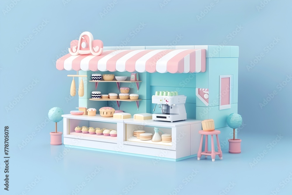 Stylized Isometric D Bakery Shop with Vibrant Pastel Shelves and Merchandise Display