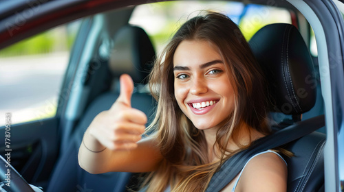 Cheerful young woman giving a thumbs up in her car, expressing positivity and successful driver's license test