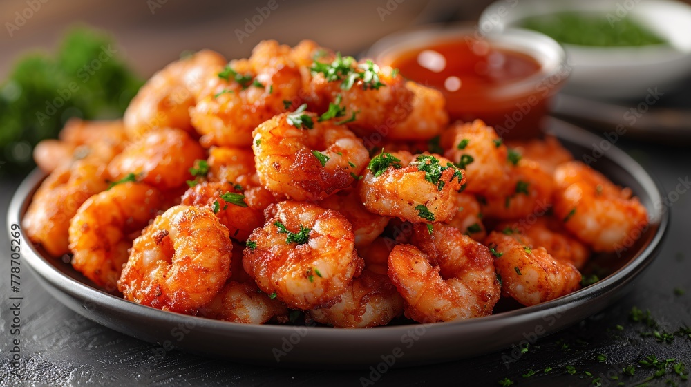 Crispy battered prawns with condiment on platter isolated on blank background. Crispy battered prawns with condiment on platter isolated on blank background.