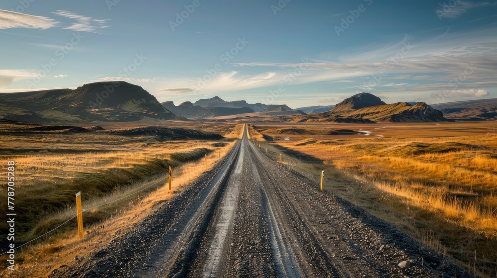 Gravel road leading through dramatic Icelandic landscape with rugged mountains