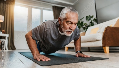  elderly man doing push-ups in his living room, focused on his fitness goals