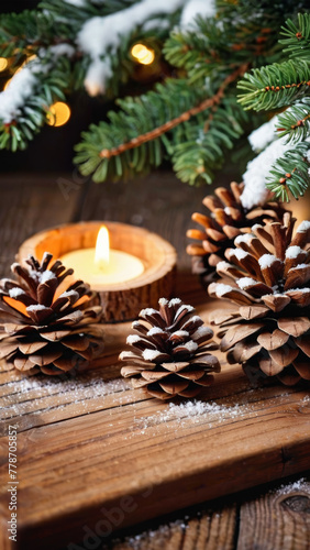 Pine Cone and Fir on Christmas Background with Old Board Table