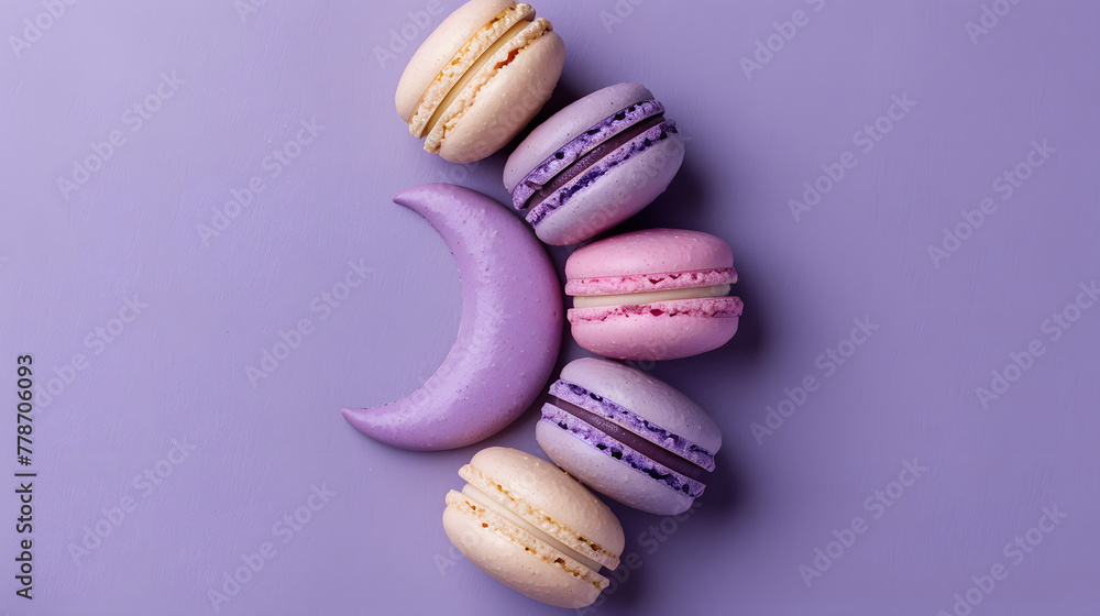 Colorful macarons shaped like a crescent moon on a periwinkle background Colorful macarons shaped like a crescent moon on a periwinkle background