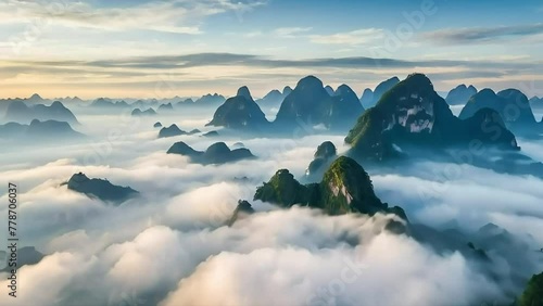 The sky is cloudy and the mountains are covered in mist photo
