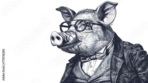 An illustrated pig dressed in vintage Victorian attire created with an engraved pen and ink.