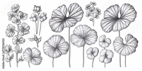 Hand-drawn black and white sketch set of Centella asiatica flower and leaf, in graphic-style sticker and menu design. Engraved details.