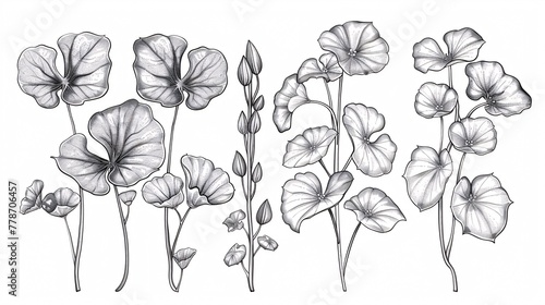 Hand-drawn monochrome set of Centella asiatica leaf and flower illustrations in graphic label design.