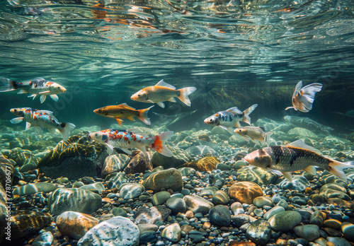 underwater photo of a group of carp swimming in the river, fish underwater in clear water, pebbles on the bottom, sunlight shining through the surface