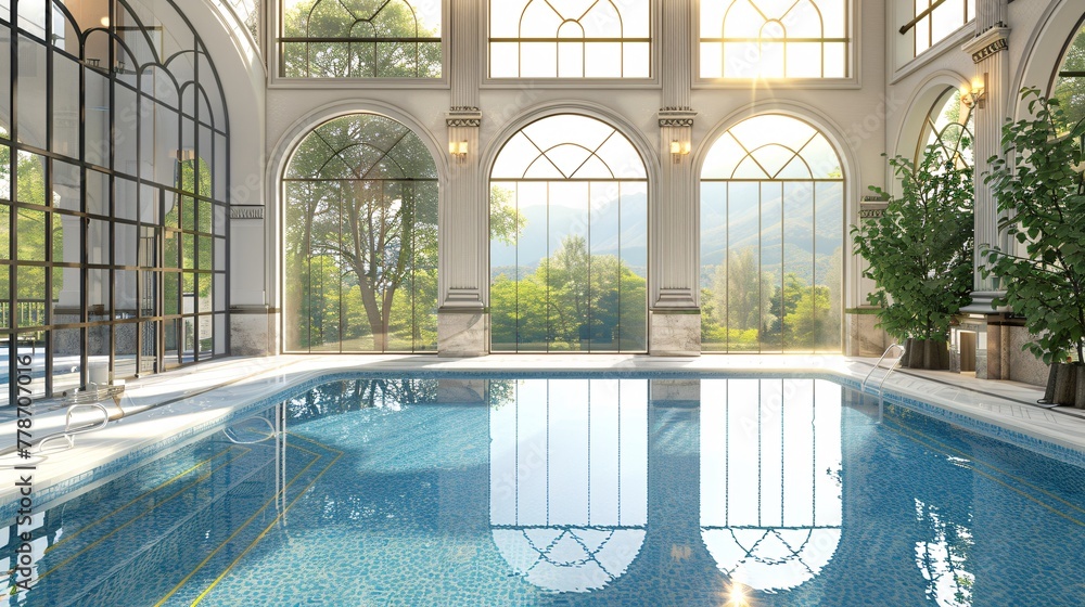 Opulent pool with abundant windows.