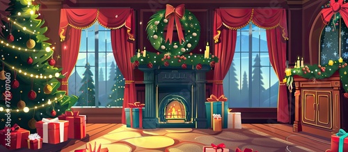 a living room decorated for christmas with a christmas tree , fireplace , and gifts . High quality