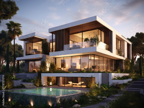 design landscape exterior of modern house contemporary villa. Generative AI. © srijaroen