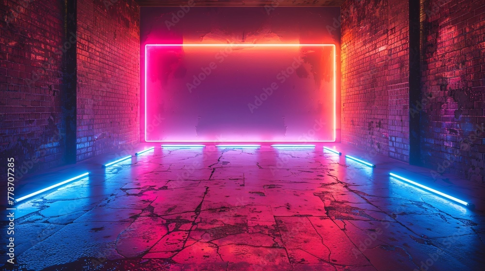 Vibrant neon wall with a gradient blue and pink background, emitting a bright and futuristic glow, perfect for a party or club atmosphere.