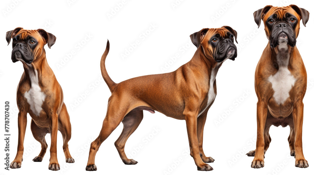 Boxer dog puppy, many angles and view portrait side back head shot isolated on transparent background