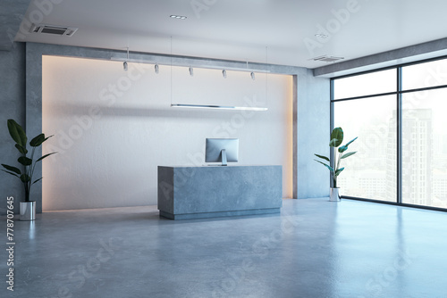 Contemporary concrete office reception desk and panoramic window with city view. Workplace concept. 3D Rendering.