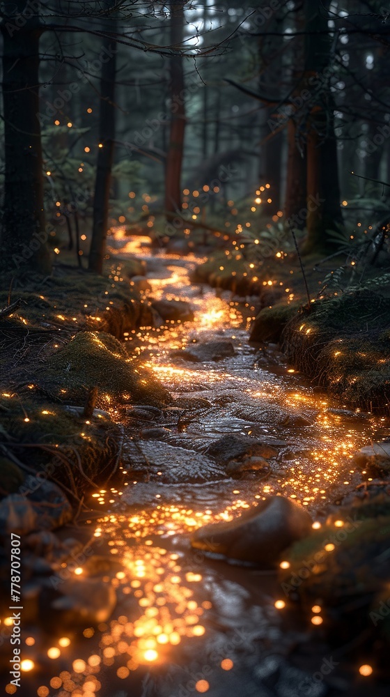 Rivers of liquid light flowing through a dark forest illuminating paths with ethereal glow Rivers of liquid light flowing through a dark forest illuminating paths with ethereal glow