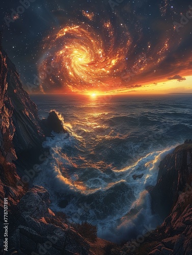 Sunset at a cliffside where the sea meets the sky in a whirlpool of stars blending reality with the cosmos