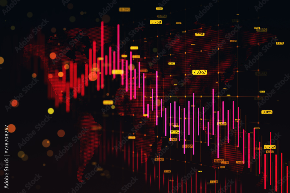 Obraz premium Abstract downward red forex chart with map, grid and index on dark background. Financial crisis and recession concept. 3D Rendering.