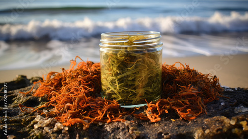  Irish sea moss, Chondrus Crispus, healthy organic raw seaweed, dried. generative AI. photo