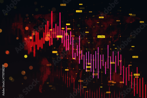 Abstract downward red forex chart with map, grid and index on dark background. Financial crisis and recession concept. 3D Rendering.