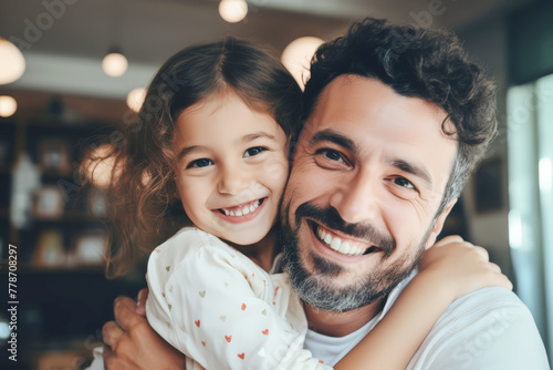 A Portrait of pretty girl daughter and young dady hug affectionate sit comfortable sofa in living room spend time weekend together, Father's day photo