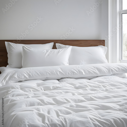 Close up of bed with white bedding against window. Scandinavian interior design of modern bedroom