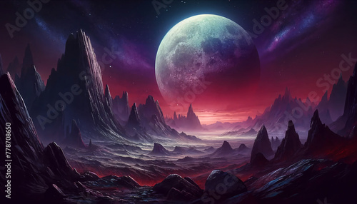 alien landscape under a large, foreboding moon photo