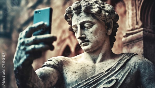  Antique stone statue taking selfie on phone photo