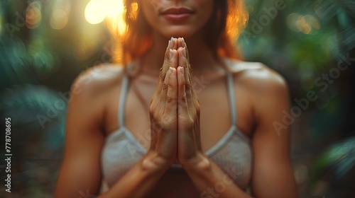 Female hands clasped in a gesture of appreciation and devotion, representing a yogic concept.