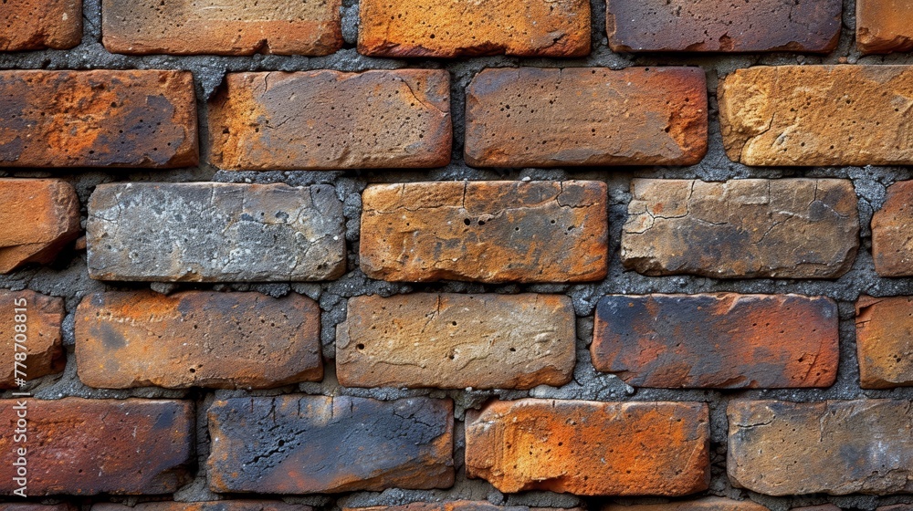 a close up of a brick wall made of orange and brown bricks with a rusted pattered pattered surface. a close up of a brick wall made of orange and brown bricks with a rusted pattered pattered surface.