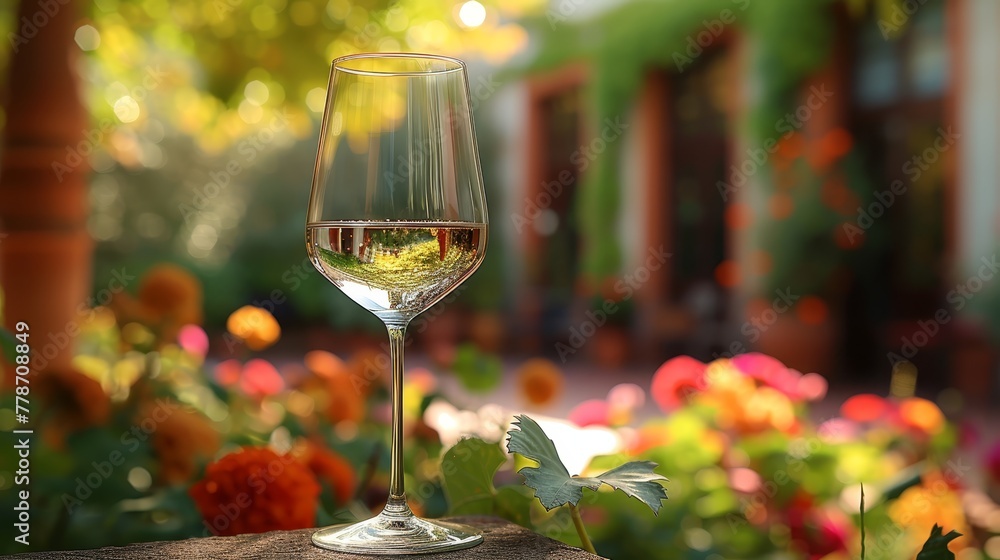 a glass of wine sitting on top of a wooden table in front of a garden filled with lots of flowers.