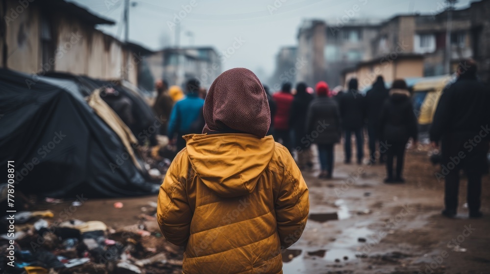 Refugees observing children in the background during an economic crisis Refugees observing children in the background during an economic crisis