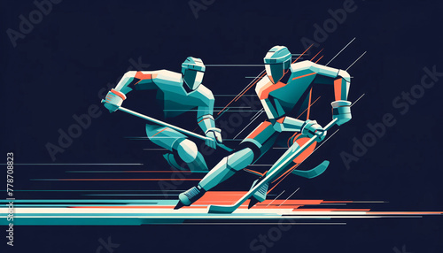 a minimalist futurism style of two hockey players in a dynamic pose