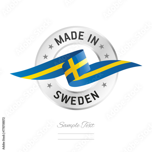 Made in Sweden. Sweden flag ribbon with circle silver ring seal stamp icon. Sweden sign label vector isolated on white background