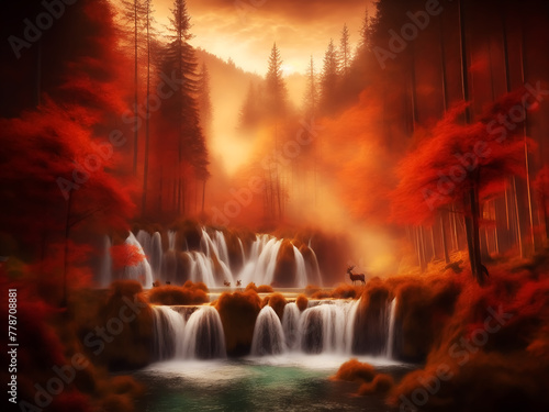 Landscape with waterfall in autumn, creek and rocks, sunrise or sunset, Wall Art for Home Decor, Wallpaper and Background for Mobile Cell Phone, Smartphone, Cellphone, desktop, laptop, Computer