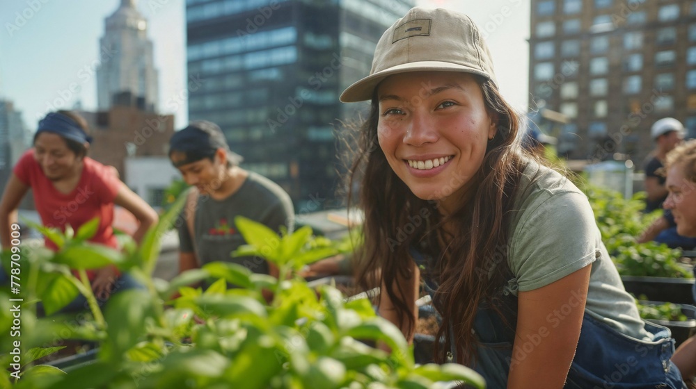People gardening together in an urban green space among high-rise buildings