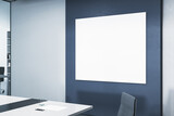 Modern blue meeting room interior with furniture and blank white mock up banner on wall. 3D Rendering.