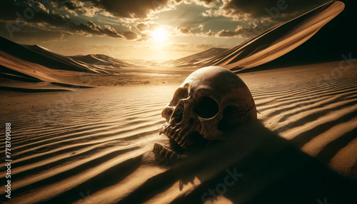 a human skull half-buried in the sand of a vast desert