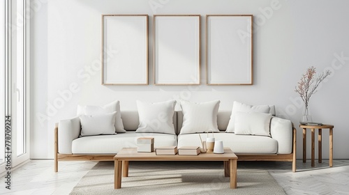 Contemporary minimal living room 3D render  frame mockups for a sleek look