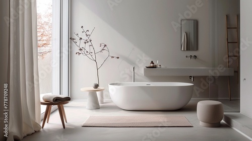 Cozy minimal bathroom  clean lines paired with soft  inviting colors