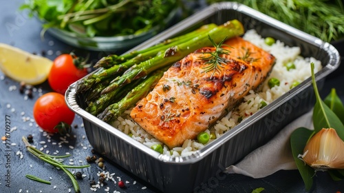 Rice with grilled salmon and asparagus in container. Prepared food for healthy nutrition 