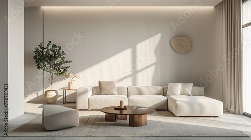 Sleek living room  featuring a minimal wall mockup amidst modern decor