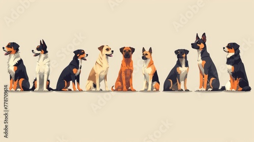 a group of dogs sitting next to each other in front of a white background with a brown and black border collie. © Mikus