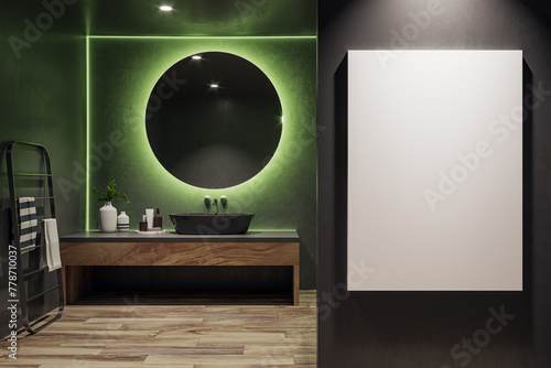 Elegant bathroom interior with LED lighting and round mirror and white poster mockup. 3D Rendering